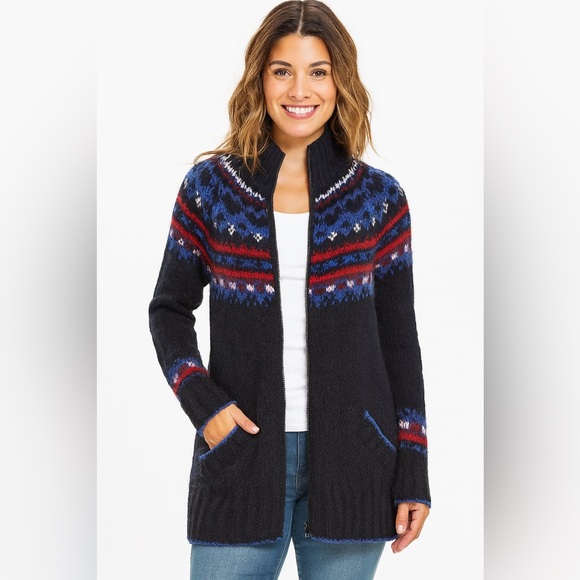 Kensie Fair Isle Zip-Up Cardigan Sweater Black/Blue Size L - Picture 1 of 2